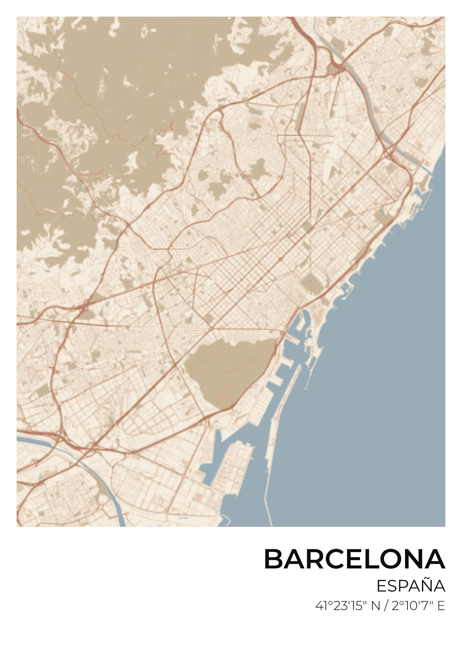 Barcelone street map poster — Terracotta palette